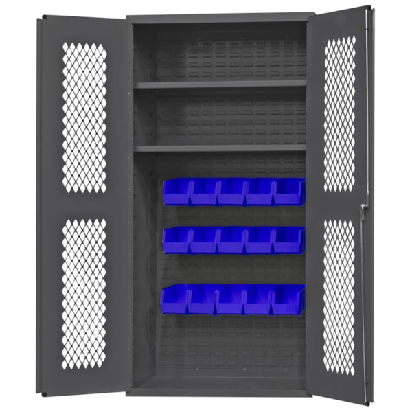 Cabinet, 24X36, 2 shelf, 15 blue bins 14 Gauge