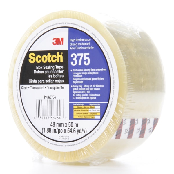 Scotch® High Performance Box Sealing Tape 375 Clear, 48 mm x 50 m, 36 Individually Wrapped Rolls Per Case, Conveniently Packaged