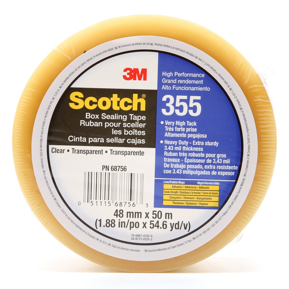 Scotch® High Performance Box Sealing Tape 355 Clear, 48 mm x 50 m, 36 Individually Wrapped Rolls Per Case, Conveniently Packaged