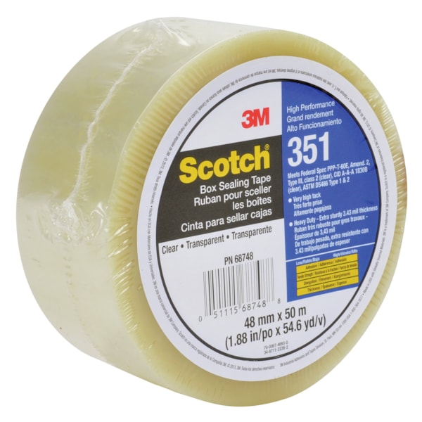 Scotch® High Performance Box Sealing Tape 351 Clear, 48mm x 50m, 36 Individually Wrapped Rolls Per Case, Conveniently Packaged