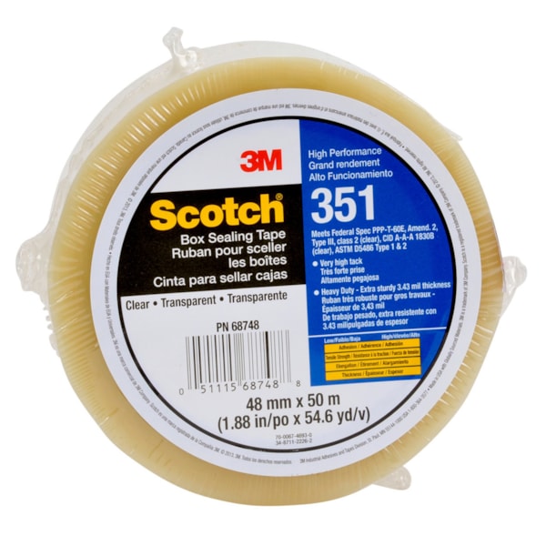 Scotch® High Performance Box Sealing Tape 351 Clear, 48mm x 50m, 36 Individually Wrapped Rolls Per Case, Conveniently Packaged