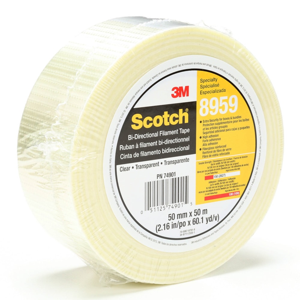 Scotch® Bi-Directional Filament Tape 8959 Transparent, 50 mm x 50 m, 18 individually wrapped rolls per case Conveniently Packaged