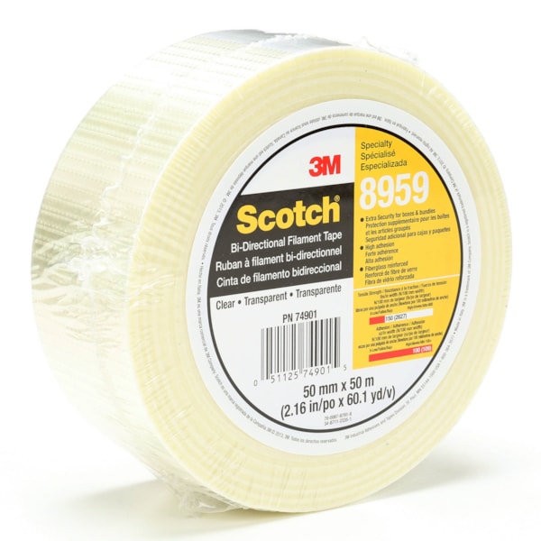 Scotch® Bi-Directional Filament Tape 8959 Transparent, 50 mm x 50 m, 18 individually wrapped rolls per case Conveniently Packaged