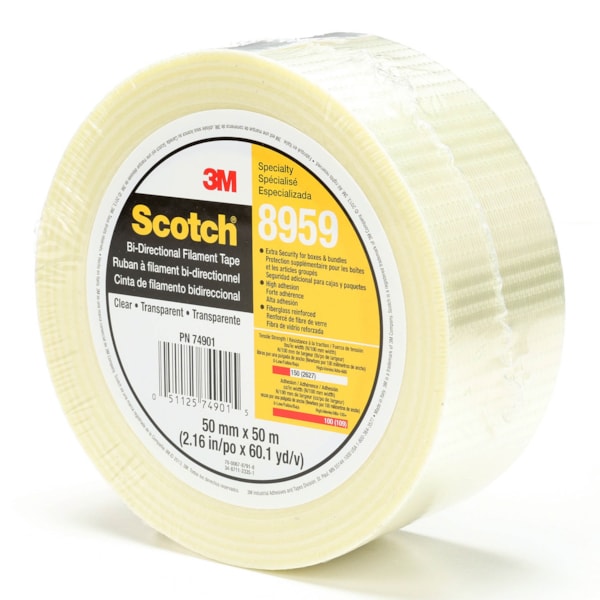 Scotch® Bi-Directional Filament Tape 8959 Transparent, 50 mm x 50 m, 18 individually wrapped rolls per case Conveniently Packaged