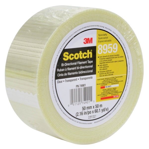 Scotch® Bi-Directional Filament Tape 8959 Transparent, 50 mm x 50 m, 18 individually wrapped rolls per case Conveniently Packaged