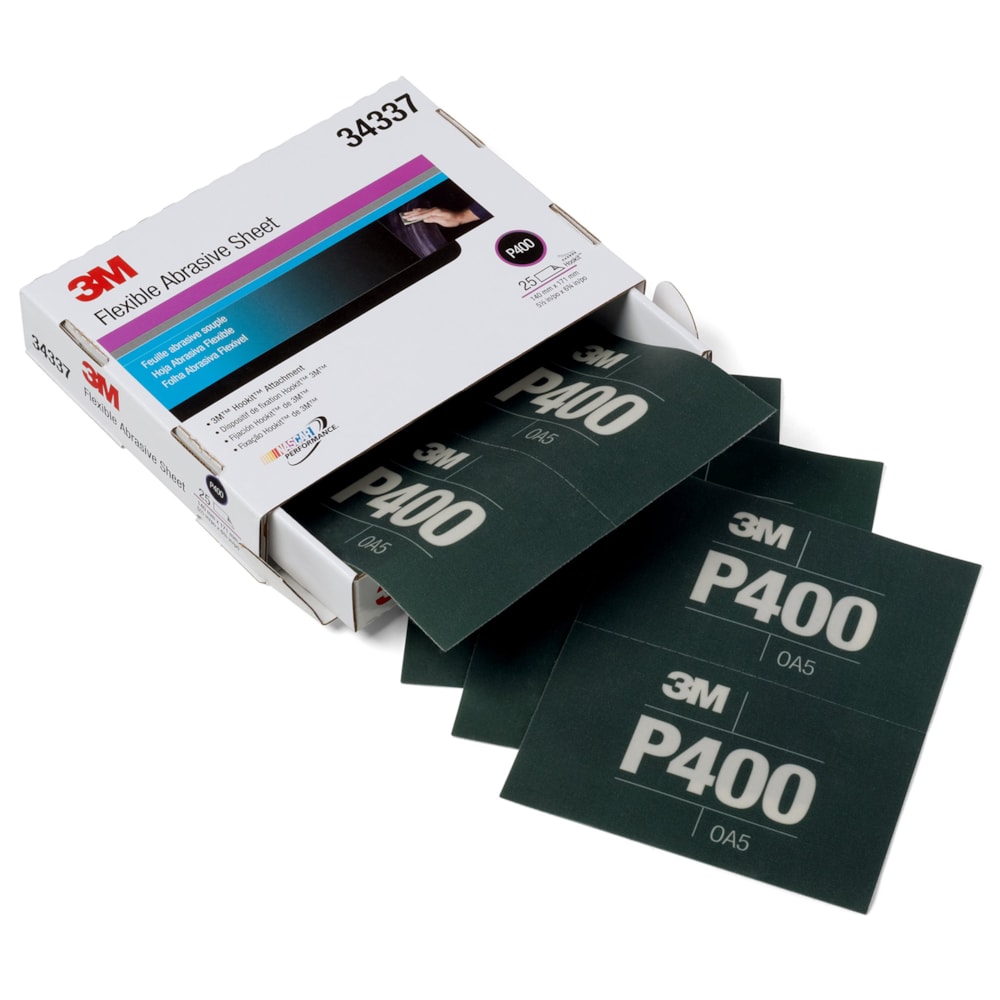 Flexible Abrasive Hookit™ Sheet, 34337, 5.5 in x 6.8 in, P400, 25 sheets per box, 5 boxes per case