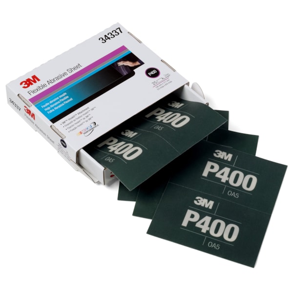 Flexible Abrasive Hookit™ Sheet, 34337, 5.5 in x 6.8 in, P400, 25 sheets per box, 5 boxes per case