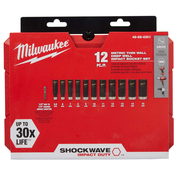SHOCKWAVE™ Deep Well Metric Socket Set, 12 Pieces, 6-Point, 1/4 in Square Drive, Steel, Black Oxide