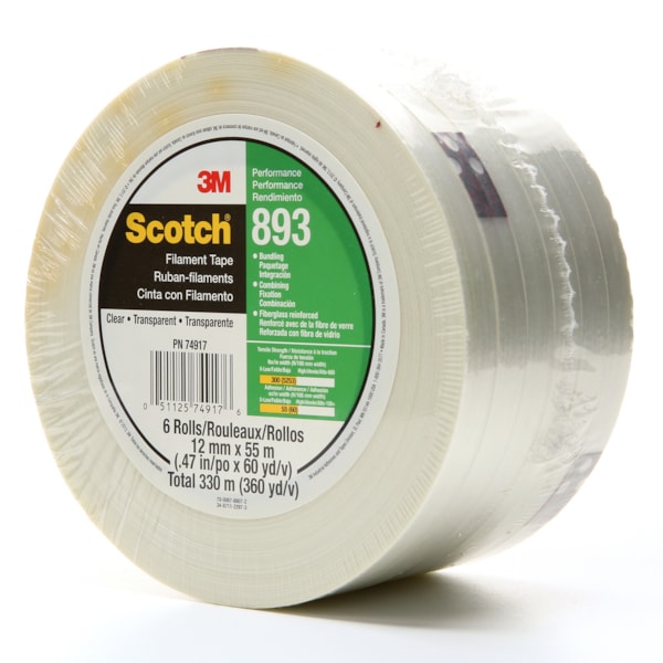 Scotch® Filament Tape 893 Clear, 48 mm x 55 m, 24 rolls per case
