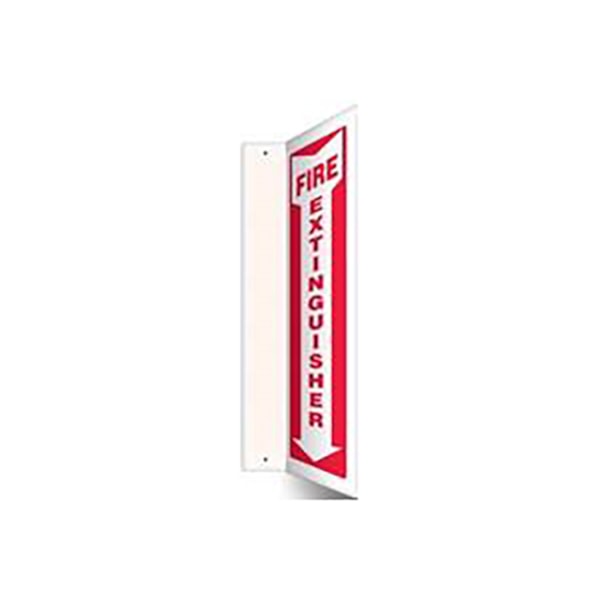 Fire Extinguisher 90° Projection™ Sign with Inside Down Arrow, White on Red