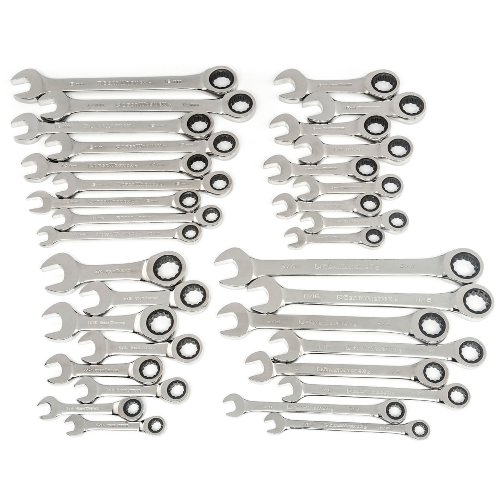 34 Pc. 72-Tooth 12 Point Standard & Stubby Ratcheting Combination SAE/Metric Wrench Set
