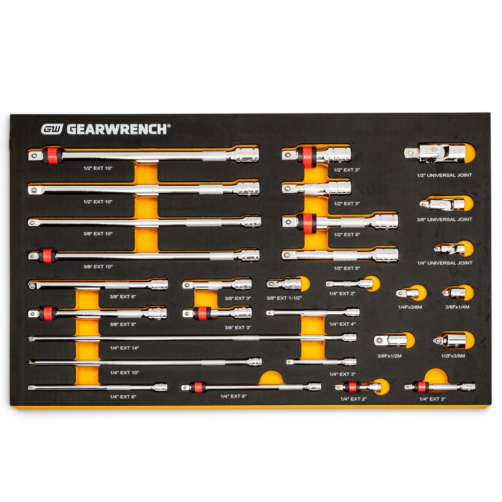 29 Pc. 1/4", 3/8", 1/2" Drive Chrome Tool Accessories Set with EVA Foam Tray