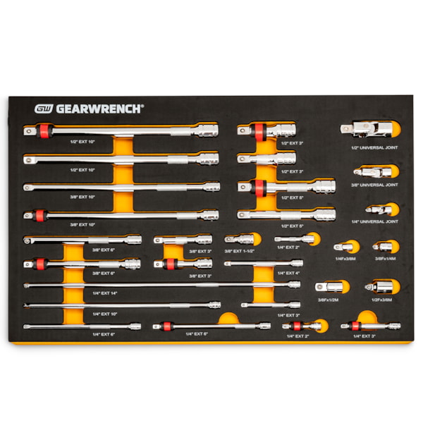 29 Pc. 1/4", 3/8", 1/2" Drive Chrome Tool Accessories Set with EVA Foam Tray