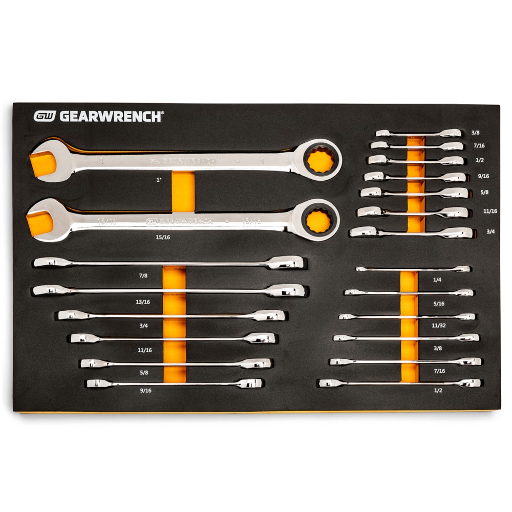 21 Pc. 72-Tooth 12 Point SAE Standard & Stubby Combination Ratcheting Wrench Set with EVA Foam Tray