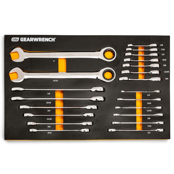 21 Pc. 72-Tooth 12 Point SAE Standard & Stubby Combination Ratcheting Wrench Set with EVA Foam Tray