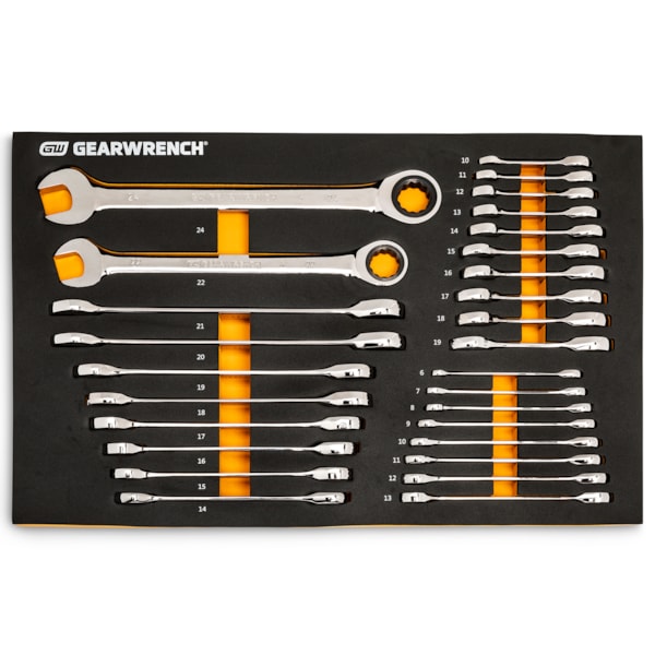 28 Pc. 72-Tooth 12 Point Metric Standard & Stubby Combination Ratcheting Wrench Set with EVA Foam Tray