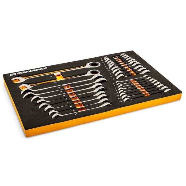 28 Pc. 72-Tooth 12 Point Metric Standard & Stubby Combination Ratcheting Wrench Set with EVA Foam Tray