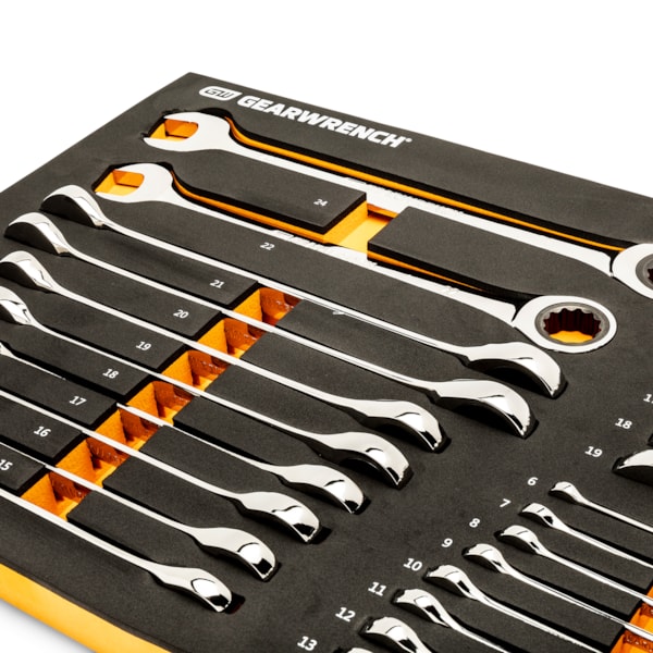 28 Pc. 72-Tooth 12 Point Metric Standard & Stubby Combination Ratcheting Wrench Set with EVA Foam Tray