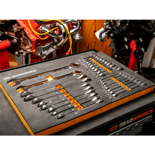 28 Pc. 72-Tooth 12 Point Metric Standard & Stubby Combination Ratcheting Wrench Set with EVA Foam Tray