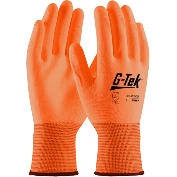 33-425 General Purpose Gloves, Work, Seamless Style, Polyurethane Palm, 13 ga Polyester, Hi-Viz Orange, Resists: Abrasion, Cut, Puncture and Tear, Polyester Lining