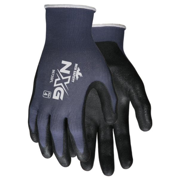 9673SF Dipped General Purpose Gloves, Work, Seamless Style, Foam Nitrile Palm, 13 ga Nylon, Black/Blue, Knit Wrist Cuff, Resists: Abrasion, Cut, Puncture and Tear, Nylon Lining