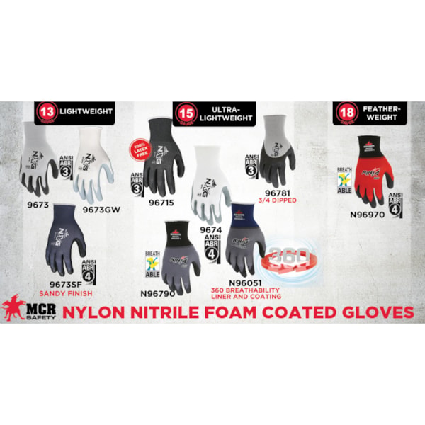 9673SF Dipped General Purpose Gloves, Work, Seamless Style, Foam Nitrile Palm, 13 ga Nylon, Black/Blue, Knit Wrist Cuff, Resists: Abrasion, Cut, Puncture and Tear, Nylon Lining